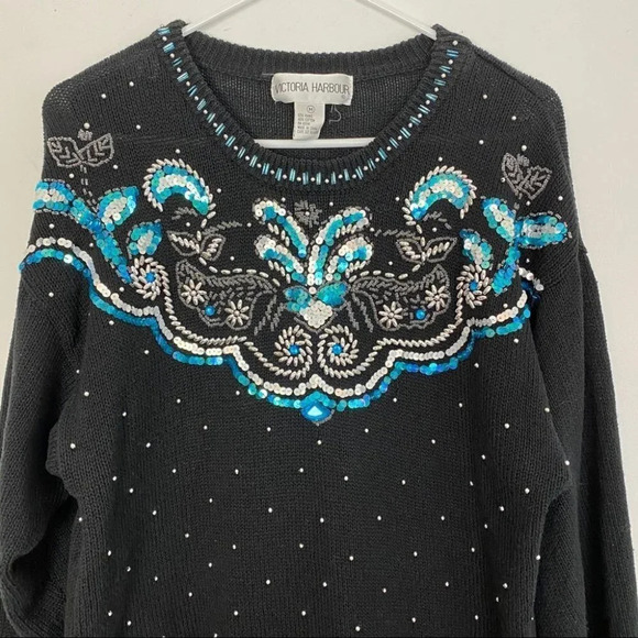 Vintage 80s Grannycore Embellished Pullover Sweater Black Beaded Womens Medium - Picture 4 of 10